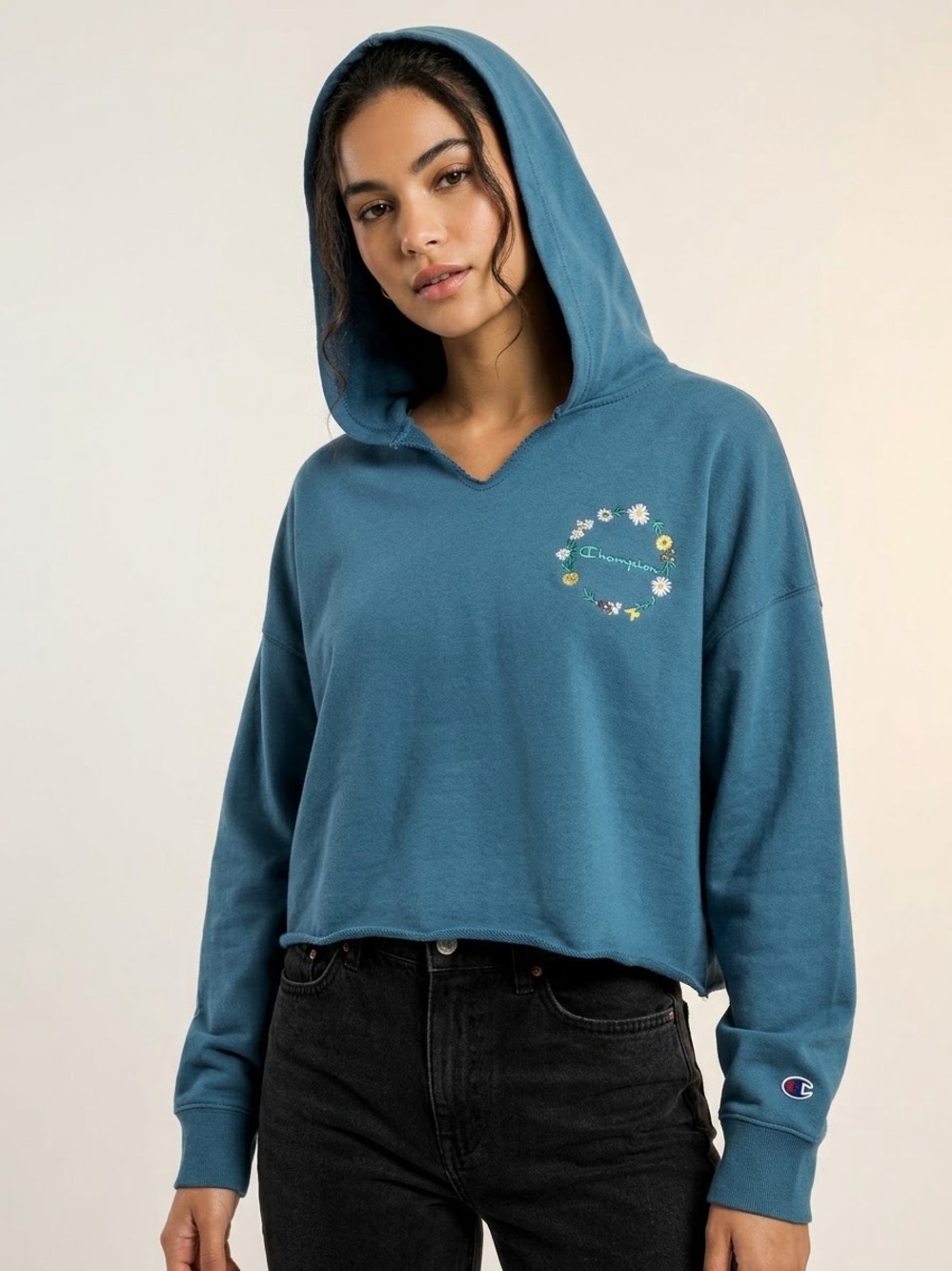 Champion Campus French Terry Split Neck Hoodie Teal Floral Size L EUC